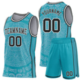 Custom Teal Black-White Tribal Ethnic Aztec Sun Stone Side Panel Stripe Round Neck Sublimation Basketball Set Jersey