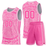 Custom Pink-White Tribal Ethnic Aztec Sun Stone Side Panel Stripe Round Neck Sublimation Basketball Set Jersey