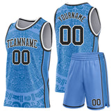Custom Light Blue Black-White Tribal Ethnic Aztec Sun Stone Side Panel Stripe Round Neck Sublimation Basketball Set Jersey