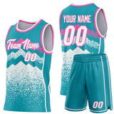 Custom Teal White-Pink Mountain Peak Shards Side Panel Stripe Round Neck Sublimation Basketball Set Jersey