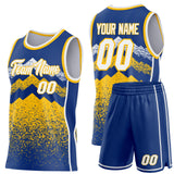 Custom Royal White-Gold Mountain Peak Shards Side Panel Stripe Round Neck Sublimation Basketball Set Jersey