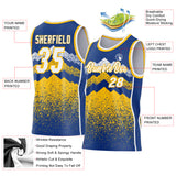 Custom Royal White-Gold Mountain Peak Shards Side Panel Stripe Round Neck Sublimation Basketball Set Jersey