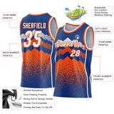 Custom Royal White-Orange Mountain Peak Shards Side Panel Stripe Round Neck Sublimation Basketball Set Jersey