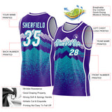 Custom Purple White-Teal Mountain Peak Shards Side Panel Stripe Round Neck Sublimation Basketball Set Jersey