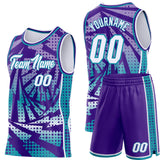Custom Purple White-Teal Lightning Gradient Dot Side Panel Stripe Round Neck Sublimation Basketball Set Jersey