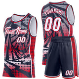 Custom Navy White-Red Lightning Gradient Dot Side Panel Stripe Round Neck Sublimation Basketball Set Jersey