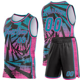 Custom Teal Black-Pink Lightning Gradient Dot Side Panel Stripe Round Neck Sublimation Basketball Set Jersey