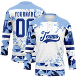 Custom Camo Royal Light Blue-White Splash Hockey Lace Neck Jersey