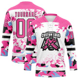 Custom Camo Pink Black-White Splash Hockey Lace Neck Jersey