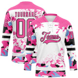 Custom Camo Pink Black-White Splash Hockey Lace Neck Jersey