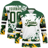 Custom Camo Green Black Cream-White Splash Hockey Lace Neck Jersey