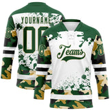 Custom Camo Green Black Cream-White Splash Hockey Lace Neck Jersey