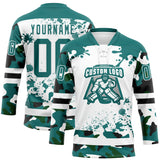 Custom Camo Teal Black-White Splash Hockey Lace Neck Jersey