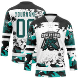 Custom Camo Midnight Green Black-White Splash Hockey Lace Neck Jersey