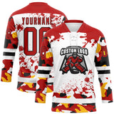 Custom Camo Red Black-White Splash Hockey Lace Neck Jersey
