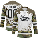 Custom Camo Black Olive Gray-White Splash Hockey Lace Neck Jersey