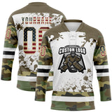 Custom Camo Vintage USA Flag Olive Black Cream-White Splash Hockey Lace Neck Jersey