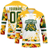 Custom Camo Green Gold-White Splash Hockey Lace Neck Jersey
