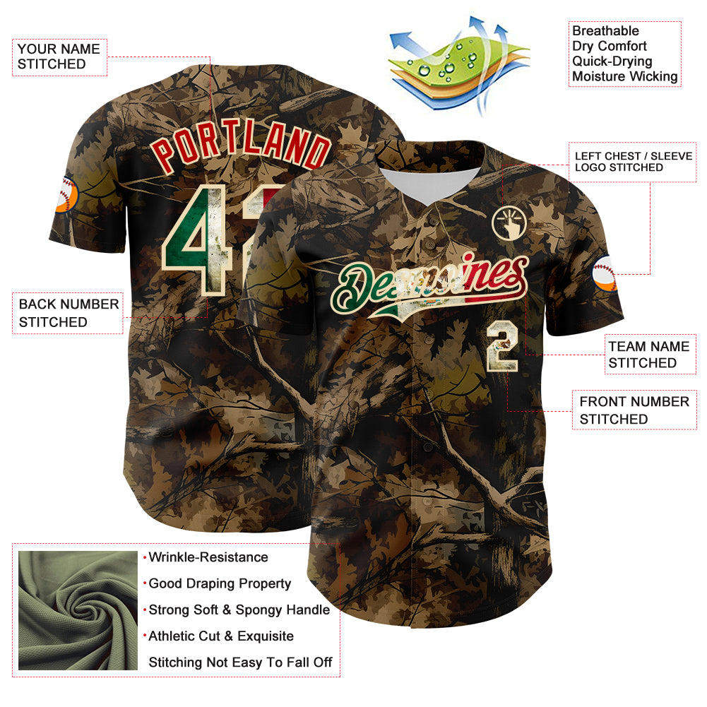 Custom Camo Vintage Mexican Flag Cream-Red Woodland Forest Tactical Camouflage Outdoor Leaf Authentic Baseball Jersey