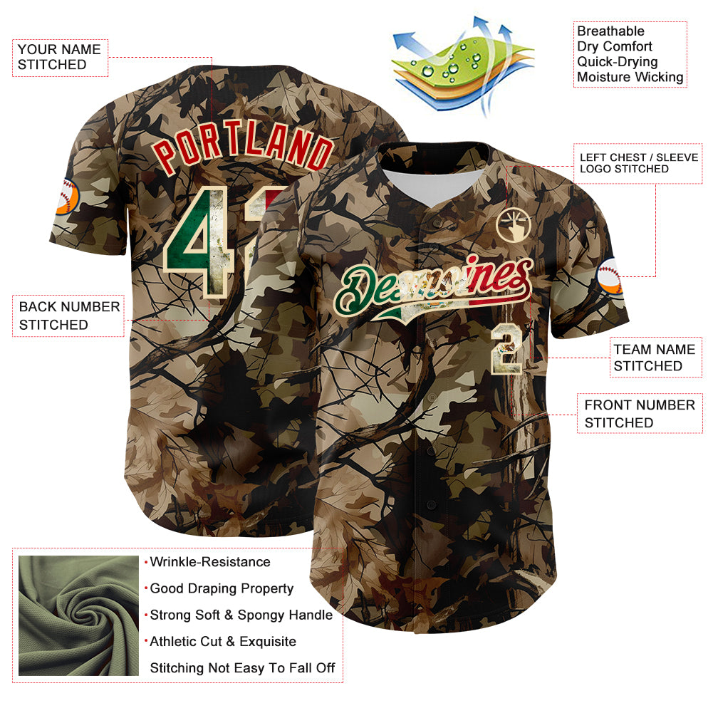 Custom Camo Vintage Mexican Flag Cream-Red Woodland Forest Tactical Camouflage Outdoor Leaf Authentic Baseball Jersey