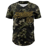 Custom Camo Black-Old Gold Woodland Forest Tactical Camouflage Outdoor Leaf Authentic Baseball Jersey