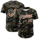 Custom Camo Vintage USA Flag Cream-Black Woodland Forest Tactical Camouflage Outdoor Leaf Authentic Baseball Jersey