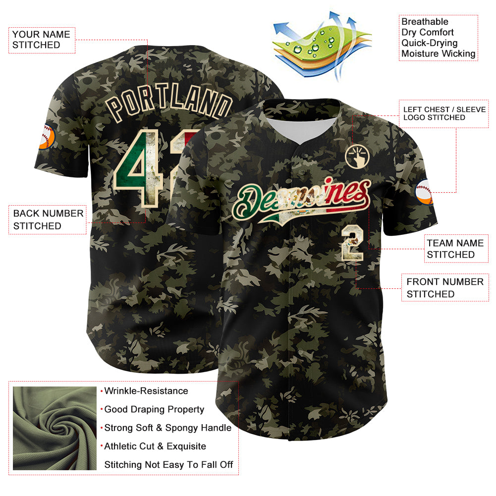 Custom Camo Vintage Mexican Flag Cream-Black Woodland Forest Tactical Camouflage Outdoor Leaf Authentic Baseball Jersey