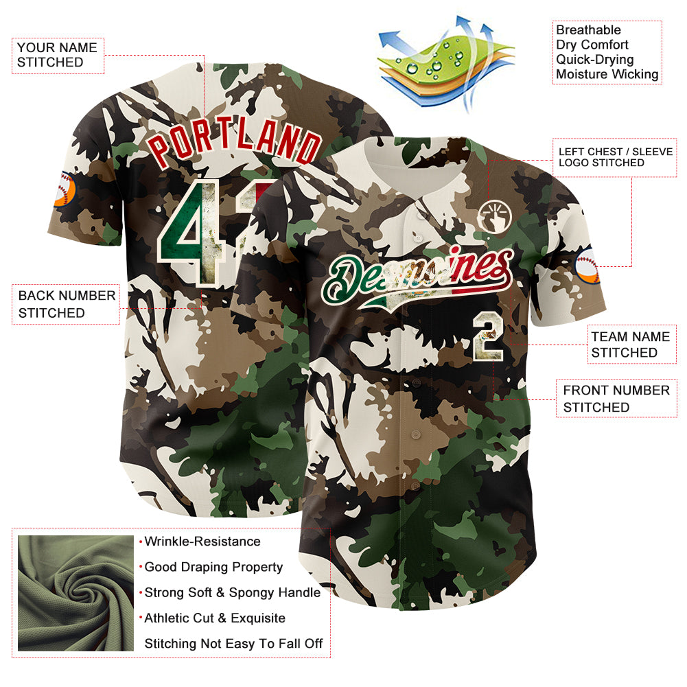 Custom Camo Vintage Mexican Flag Cream-Red Woodland Forest Tactical Camouflage Outdoor Leaf Authentic Baseball Jersey