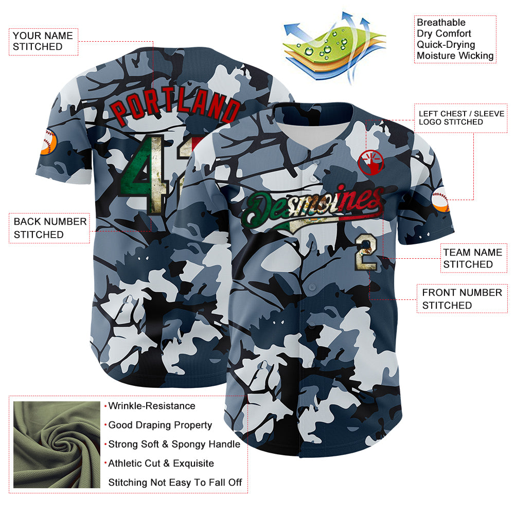 Custom Camo Vintage Mexican Flag Black-Red Woodland Forest Tactical Camouflage Outdoor Leaf Authentic Baseball Jersey