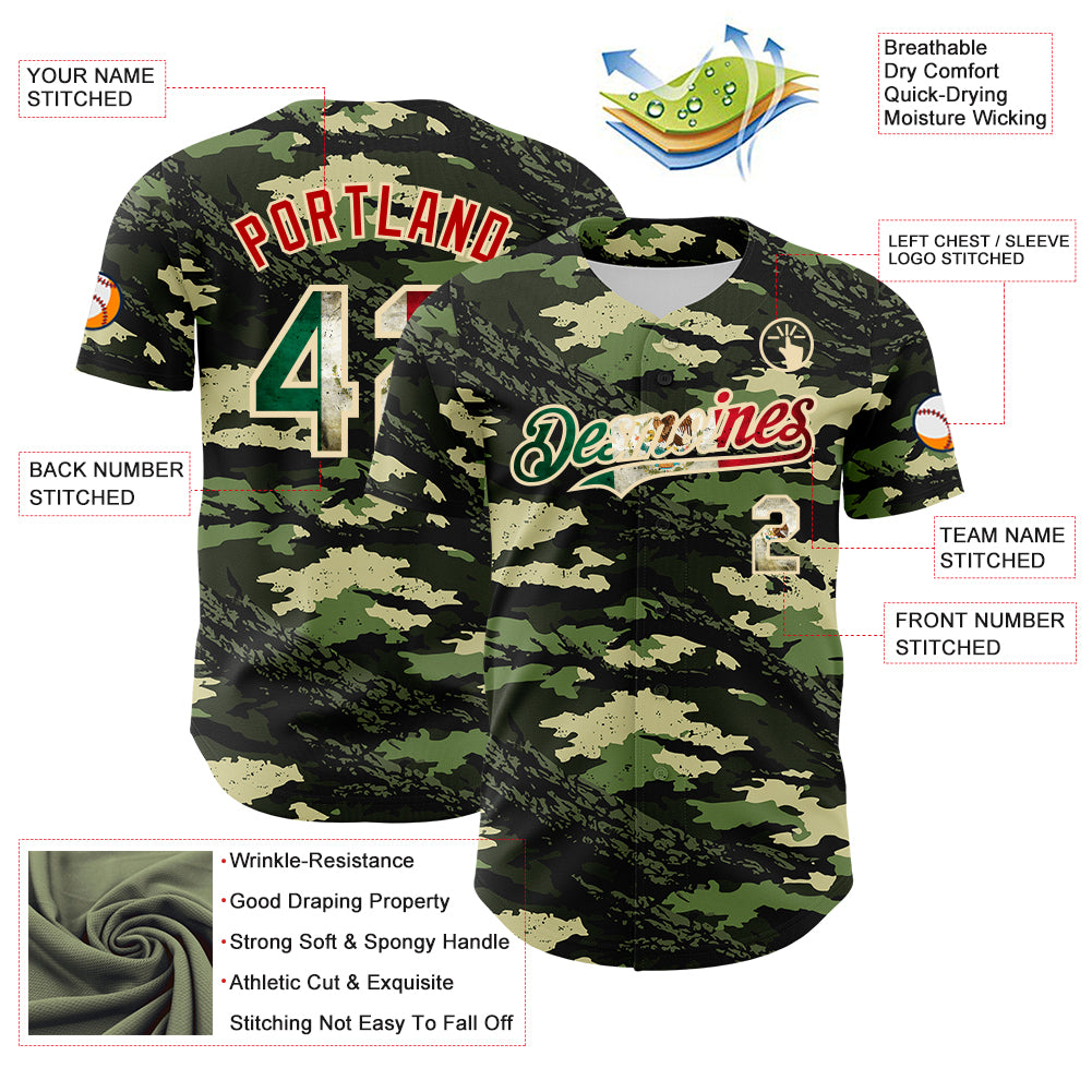 Custom Camo Vintage Mexican Flag Cream-Red Woodland Forest Tactical Camouflage Outdoor Leaf Authentic Baseball Jersey