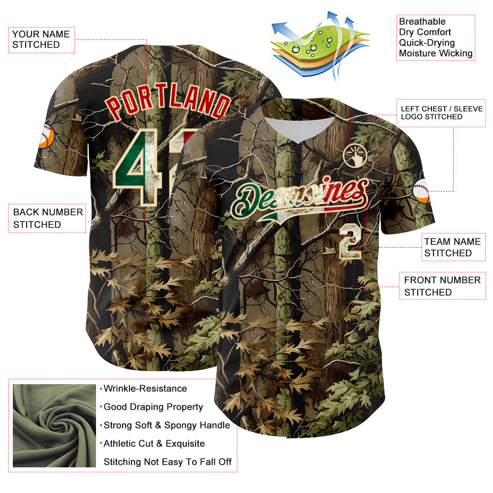 Custom Camo Vintage Mexican Flag Cream-Red Woodland Forest Tactical Camouflage Outdoor Leaf Authentic Baseball Jersey