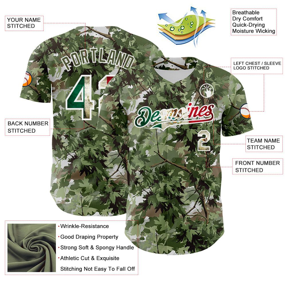 Custom Camo Vintage Mexican Flag White-Olive Woodland Forest Tactical Camouflage Outdoor Leaf Authentic Baseball Jersey