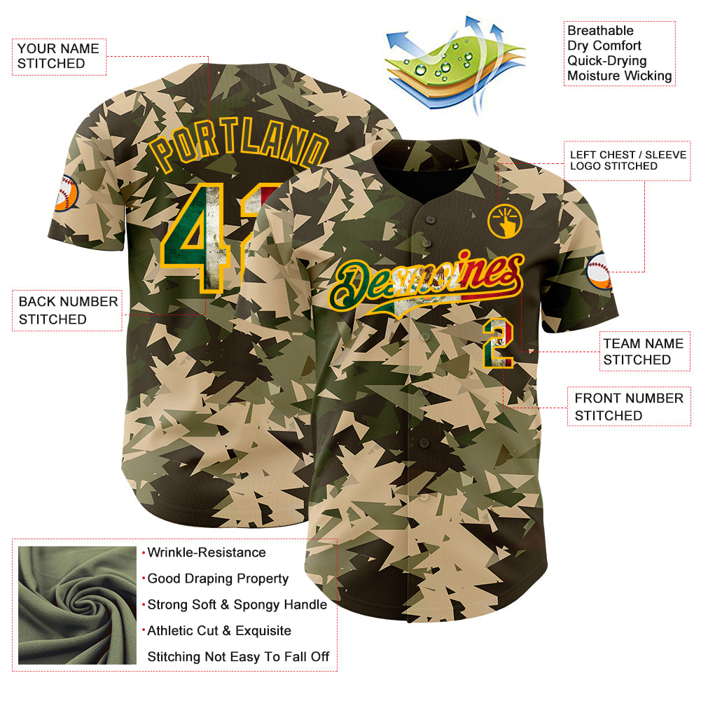 Custom Camo Vintage Mexican Flag Cream Gold-Olive Woodland Geometric Camouflage Authentic Baseball Jersey