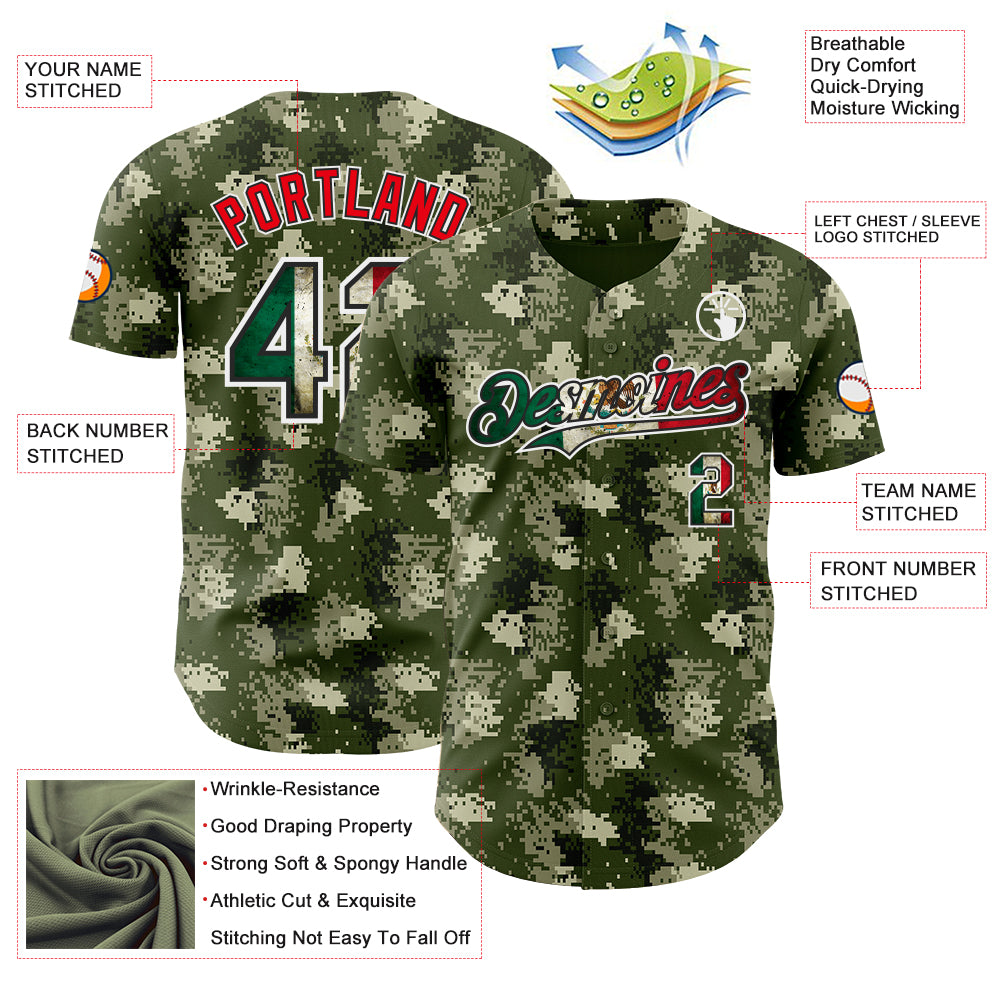 Custom Camo Vintage Mexican Flag Black White-Fire Red Digital Camouflage Authentic Baseball Jersey