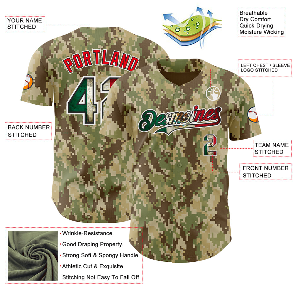 Custom Camo Vintage Mexican Flag Black White-Fire Red Digital Camouflage Authentic Baseball Jersey