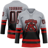 Custom Gray Black-Red Fade Fashion Hockey Lace Neck Jersey