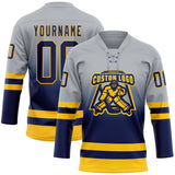 Custom Gray Navy-Gold Fade Fashion Hockey Lace Neck Jersey