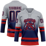 Custom Gray Navy-Red Fade Fashion Hockey Lace Neck Jersey