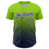 Custom Neon Green Navy-White Fade Fashion Speckle Authentic Baseball Jersey