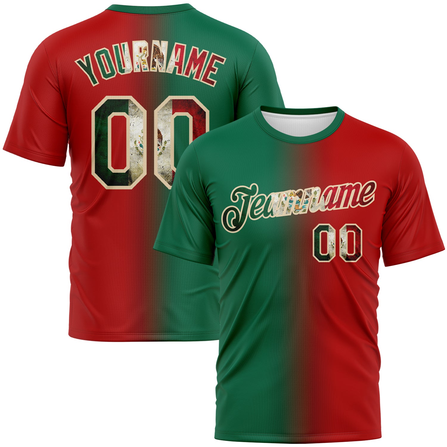 Custom Red Vintage Mexican Flag Kelly Green-City Cream Gradient Fashion Performance T-Shirt