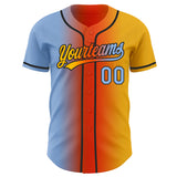 Custom Gold Light Blue Orange-Black Authentic Gradient Fashion Baseball Jersey