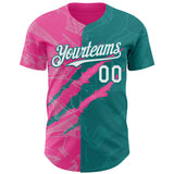 Custom Graffiti Pattern White Teal-Pink 3D Scratch Authentic Baseball Jersey
