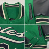 Custom Kelly Green Black-Cream Bomber Full-Snap Varsity Letterman Two Tone Jacket