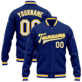 Custom Royal White-Yellow Bomber Full-Snap Varsity Letterman Jacket