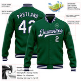 Custom Kelly Green White-Navy Bomber Full-Snap Varsity Letterman Jacket