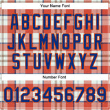 Custom Orange Royal-White Check Board 3D Pattern Design Bomber Full-Snap Varsity Letterman Jacket