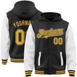 Custom Black Gold-White Bomber Full-Snap Varsity Letterman Two Tone Hoodie Jacket