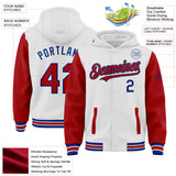 Custom White Red-Royal Bomber Full-Snap Varsity Letterman Two Tone Hoodie Jacket