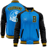 Custom Powder Blue Gold-Black Bomber Varsity Letterman Two Tone Zipper Jacket