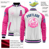 Custom White Light Blue Black-Pink Bomber Varsity Letterman Two Tone Zipper Jacket